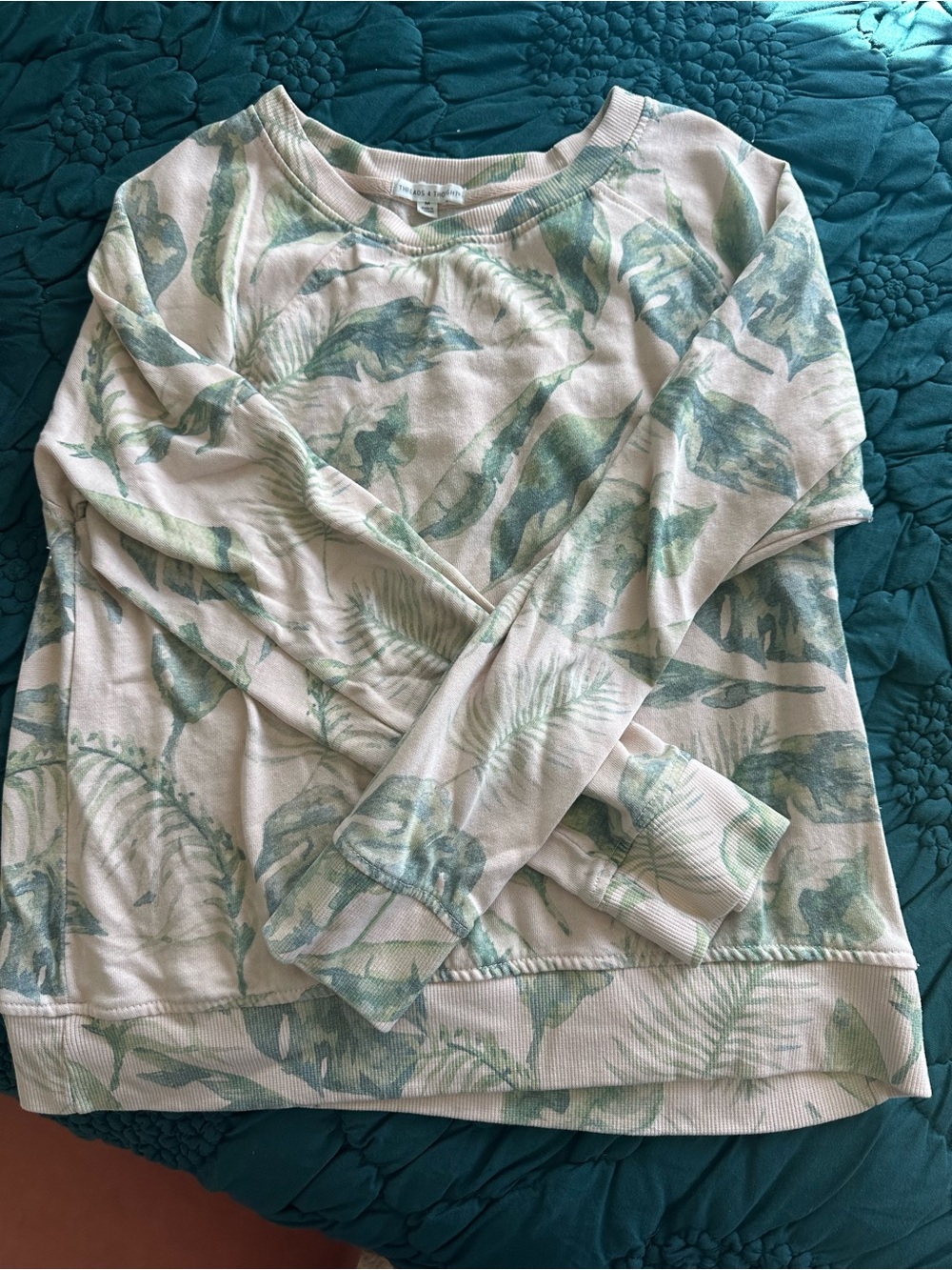 Anthropologie Light Pink/Beige Palm Print Sweatshirt with Sage Green Palms